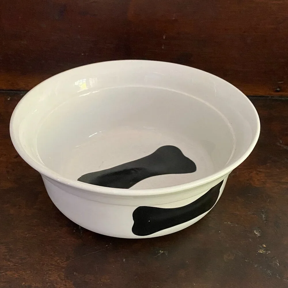 Dog Bone Dog food or water bowl black and white heavy ceramic bowl